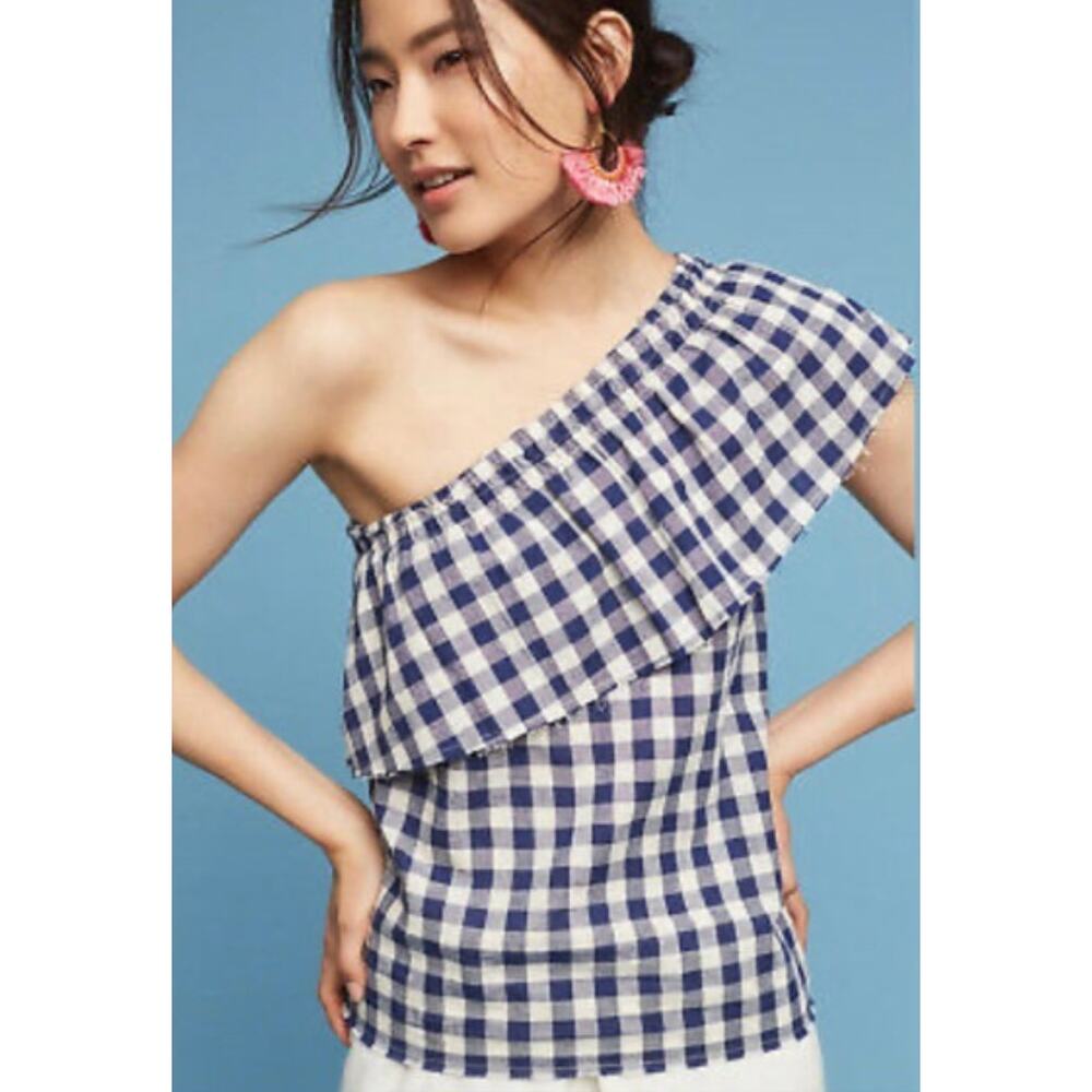 Anthropologie The Lady & The Sailer Blue White Gingham One Shoulder Blouse 2